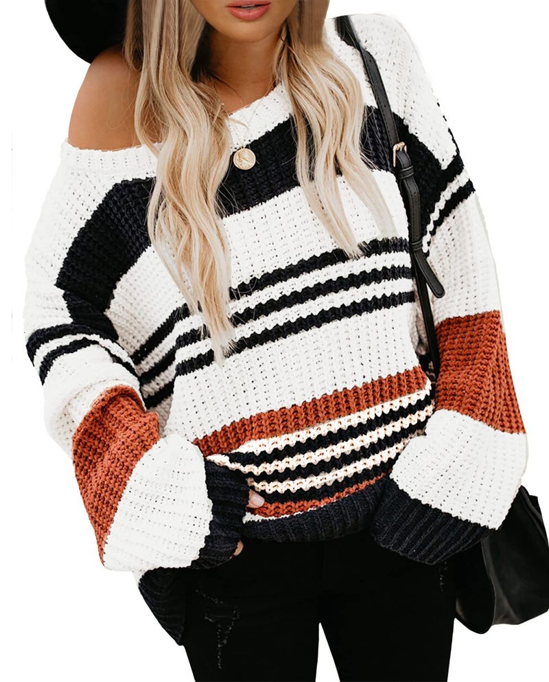 KIRUNDO Women's 2025 Fall Winter Striped Color Block Short Sweater Long Sleeve Crew Neck Casual Loose Knit Pullover Tops(Medium, 1977-Orange) - Image 1